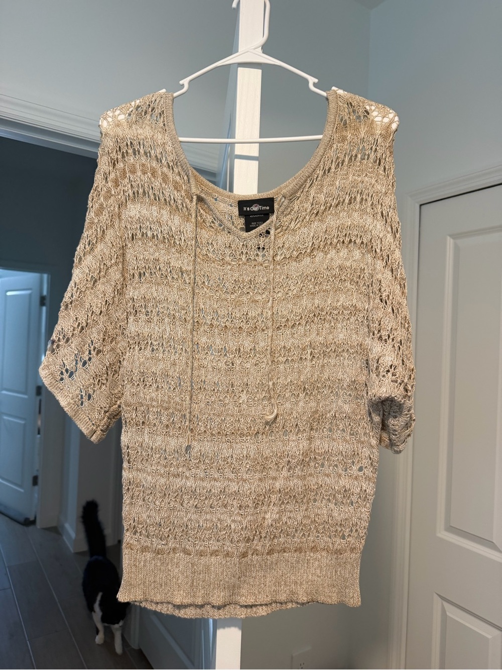 It's Our Time Beige Open-Knit Scoop Neck Short Sleeve Sweater